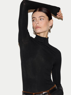 Wool Jersey Polo Neck Top | Black