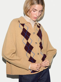 Wool Cashmere Argyle Cardigan | Camel