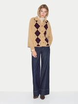 Wool Cashmere Argyle Cardigan | Camel