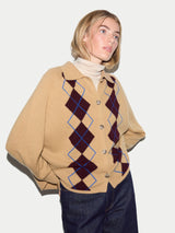 Wool Cashmere Argyle Cardigan | Camel