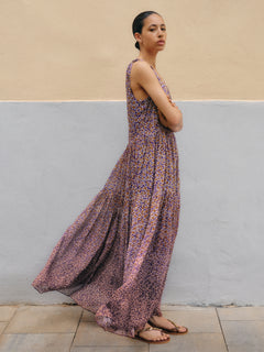 Ditsy U Neck Tiered Dress | Purple
