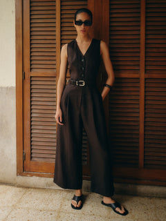 Linen Waistcoat Jumpsuit | Brown
