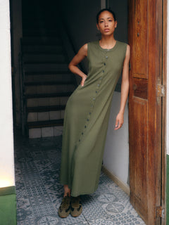 Cotton Rib Button Tank Dress | Khaki