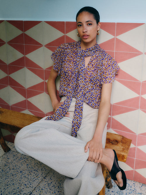Ditsy Tie Detail Top | Purple