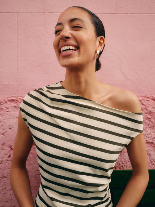 Stripe Asymmetric Neck Top | Khaki