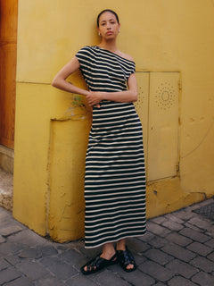 Stripe Asymmetric Neck Dress | Navy