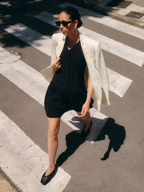 Crinkle Cotton Waistcoat Dress | Black