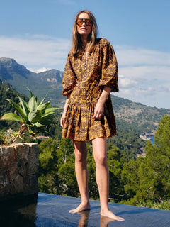 Batik Cotton Button Mini Dress | Yellow