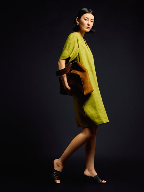 Linen Smocked T-shirt Dress | Green