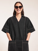 Denim Contrast Stitched Dress | Washed Black