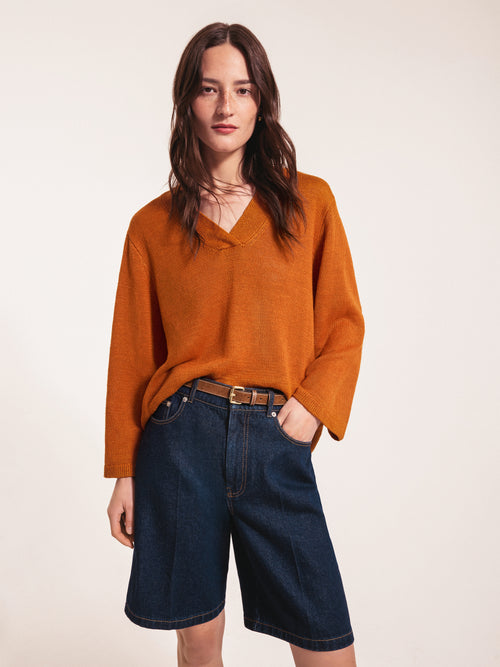 Linen V Neck Slouchy Jumper | Orange