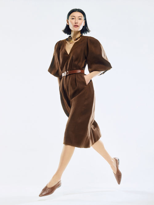 Linen Puff Sleeve Midi Dress | Brown