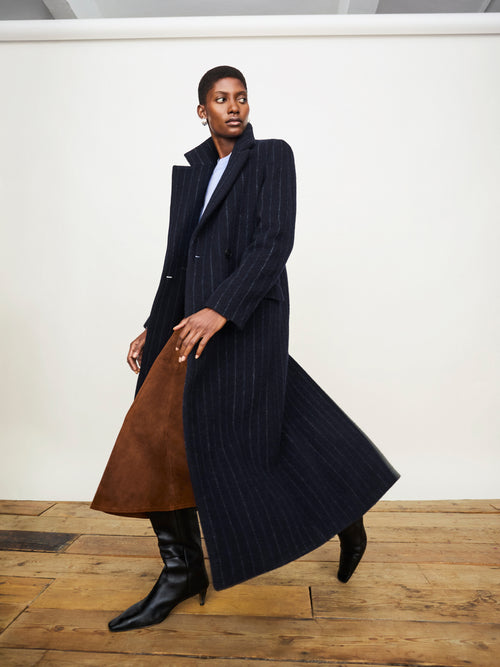 Chalk Stripe Maxi City Coat | Navy