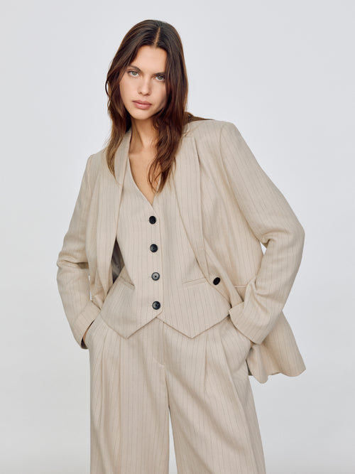 Linen Cotton Stripe Waistcoat | Beige