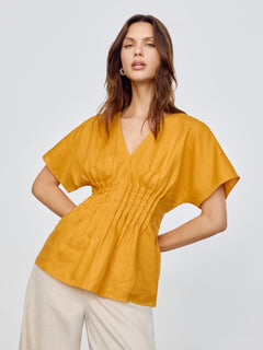 Linen Pintuck Waist Top | Orange