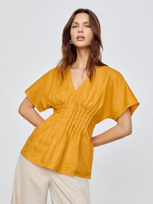 Linen Pintuck Waist Top | Orange