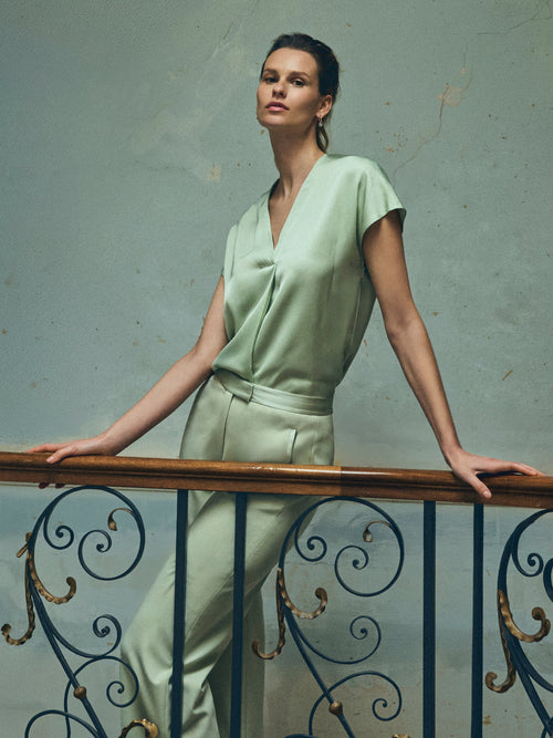 Heavy Satin Pleat Front Top | Pale Green