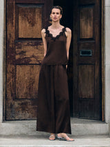 Satin Pleated Trouser | Brown