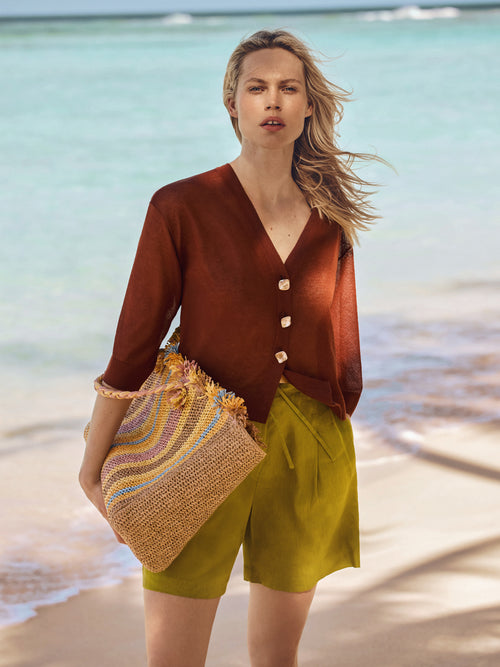 Sheer Linen Blend Cardigan | Brown