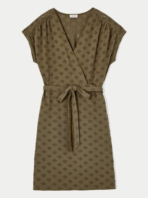 Cotton Broderie Wrap Dress | Khaki