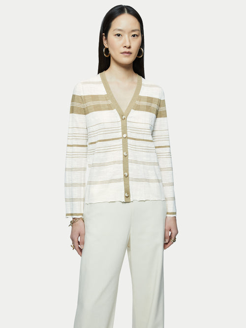 Linen Cotton Stripe Cardigan | Ivory