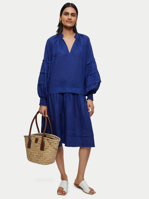 Light Linen Pleat Sleeve Short Dress | Blue