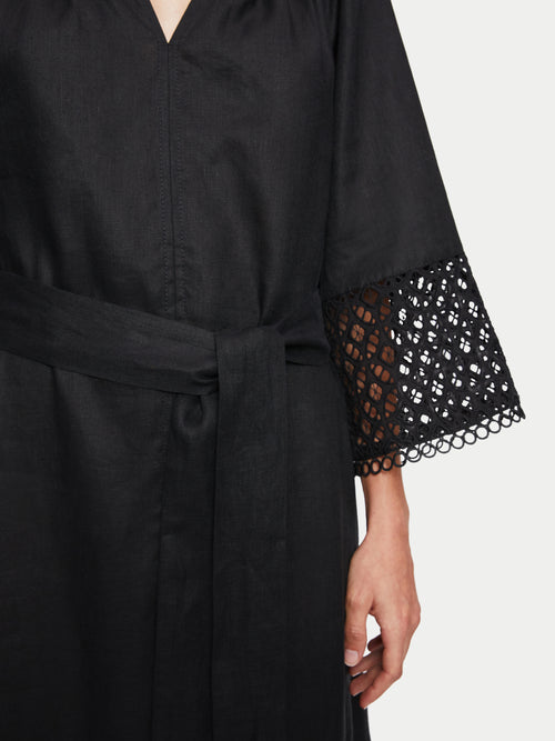 Lillia Linen Broderie Midi Dress | Black