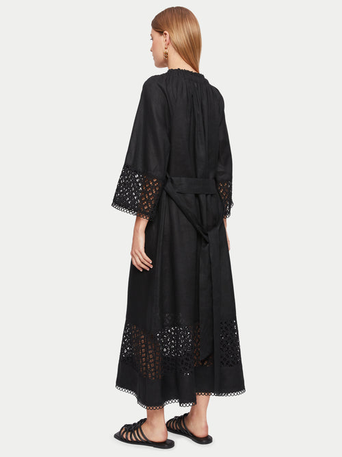 Lillia Linen Broderie Midi Dress | Black