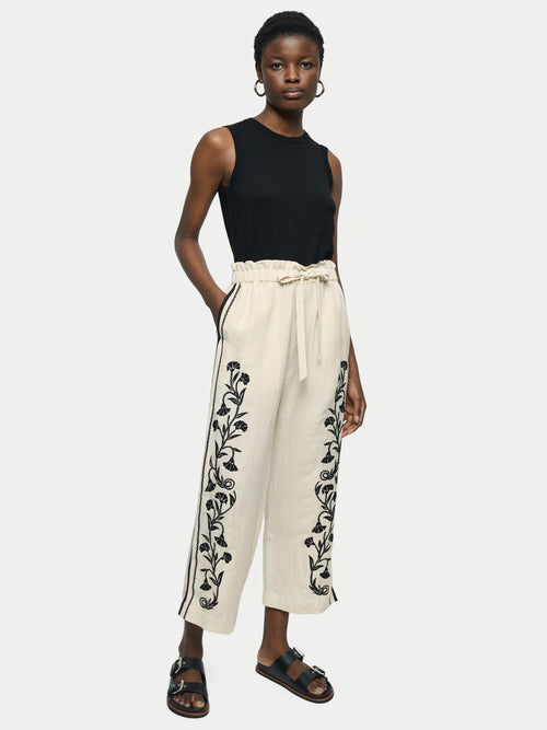 Linen-blend Embroidery Trouser | Cream