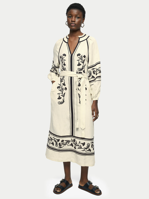 Linen-blend Embroidery Maxi Dress | Cream