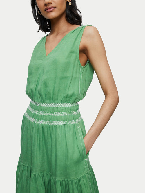Linen Smocked Detail Maxi Dress | Green