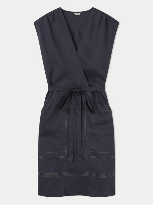 Linen Short Wrap Dress | Blue