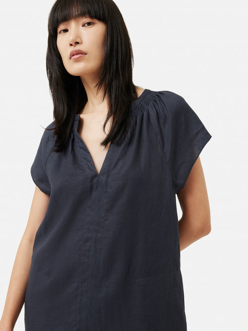 Linen Smocked T-shirt Dress | Slate