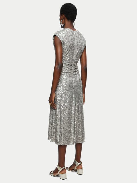 jigsaw silver dress Sequin Ruched Midi Dress