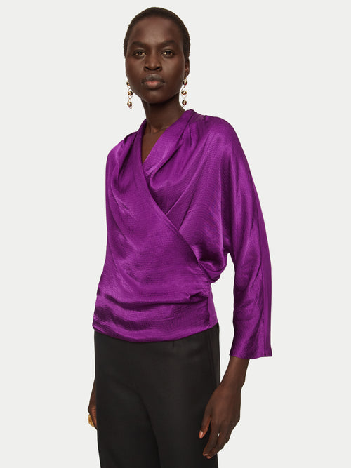 Hammered Satin Wrap Front Top | Purple