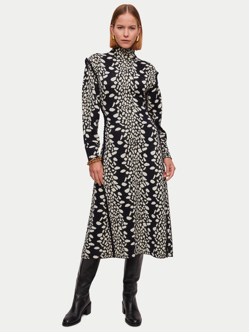 Leopard Jacquard Knitted Dress | Navy