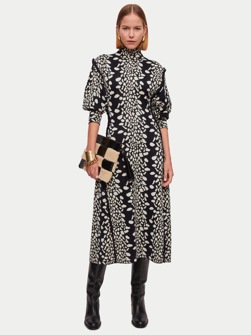 Leopard Jacquard Knitted Dress | Navy