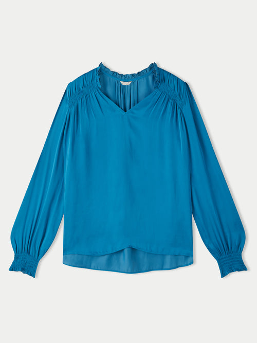 Recycled Satin Long Sleeve Top | Blue