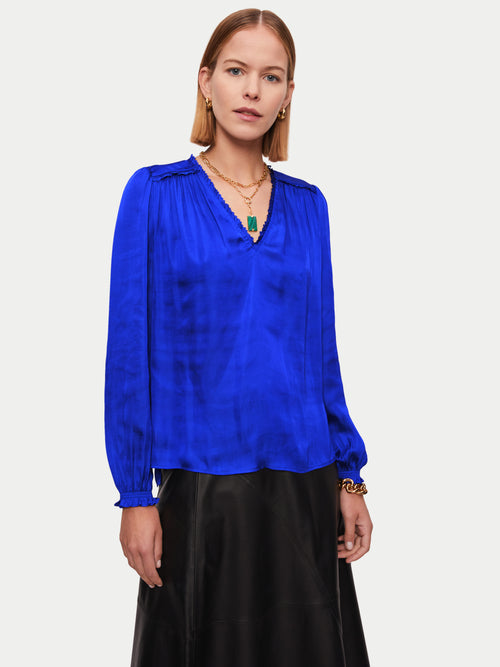 Recycled Satin V Neck Top | Blue