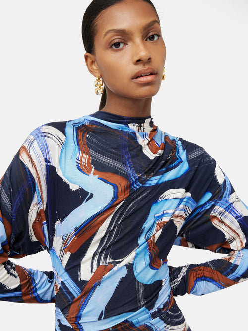 Painted Abstract Ruched Jersey Dress | Blue