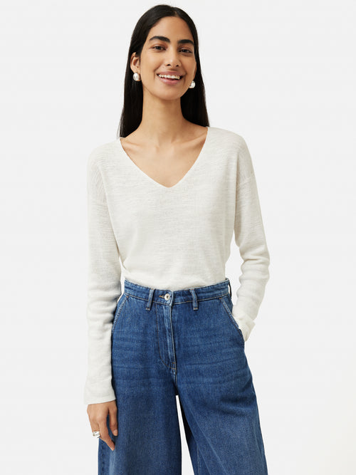 Linen Cotton V Neck Jumper | Ivory