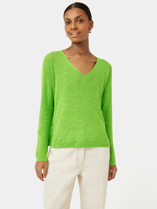 Linen Cotton V Neck Jumper | Green