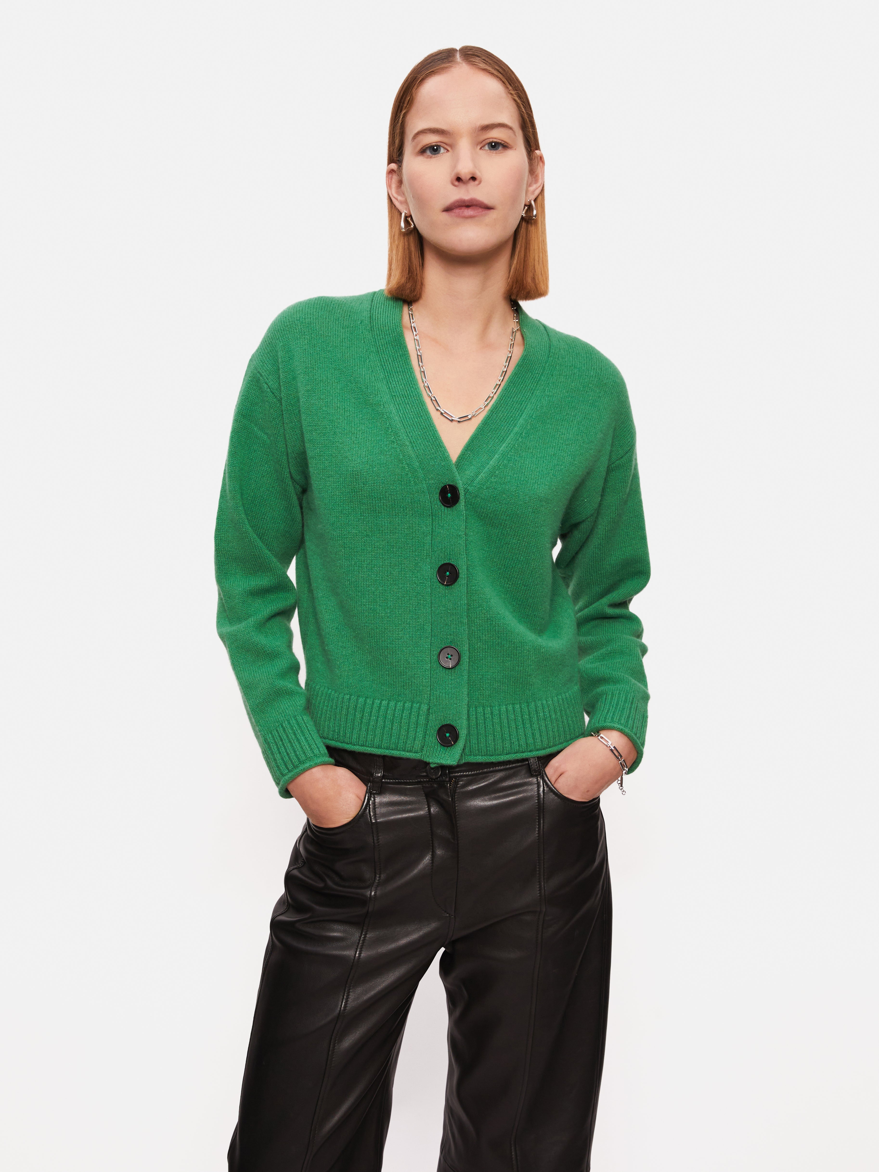 Compact Wool Cashmere Blend Cardigan | Green – Jigsaw