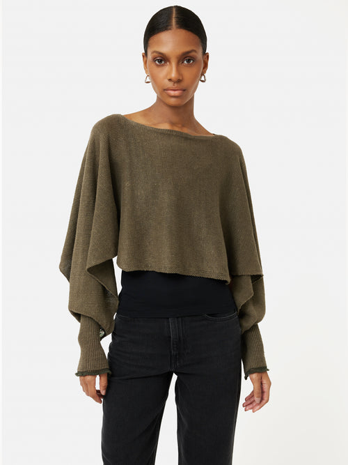 Pure Linen Poncho Sweater | Khaki