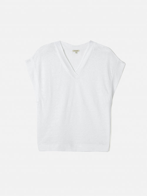 Linen Short Sleeve V Neck Tee | White