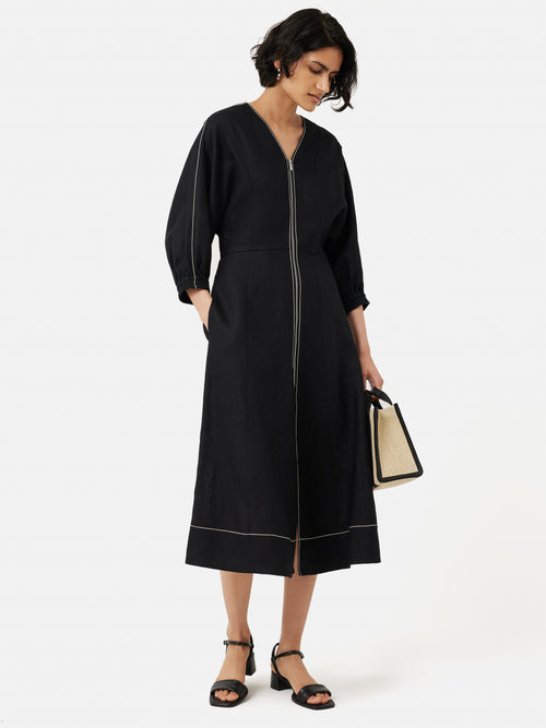 Linen Zip Front Dress | Black