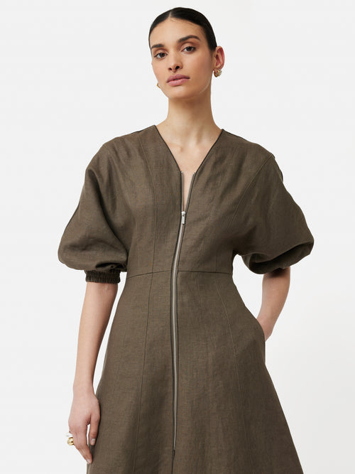 Linen Zip Front Dress | Taupe
