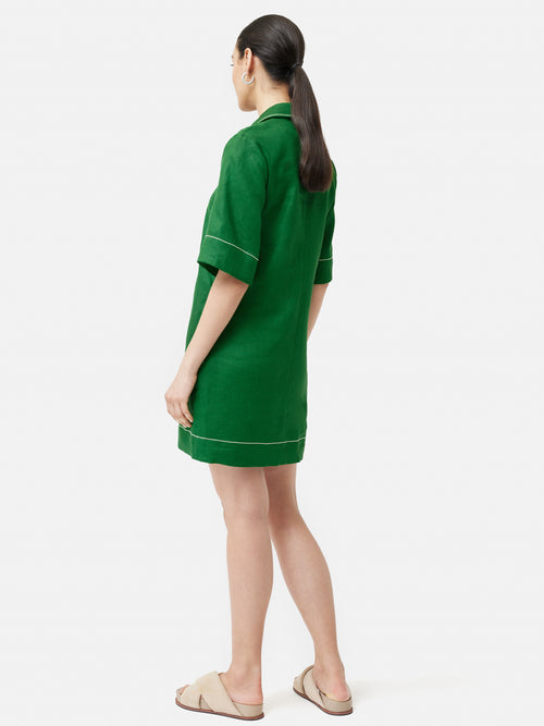 Linen Zip Front Short Dress | Green