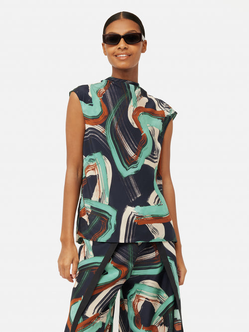 Painted Abstract Silk Cowl Top | Green