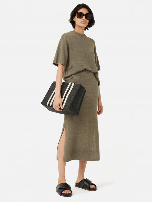 Linen Slub Knitted Skirt | Khaki